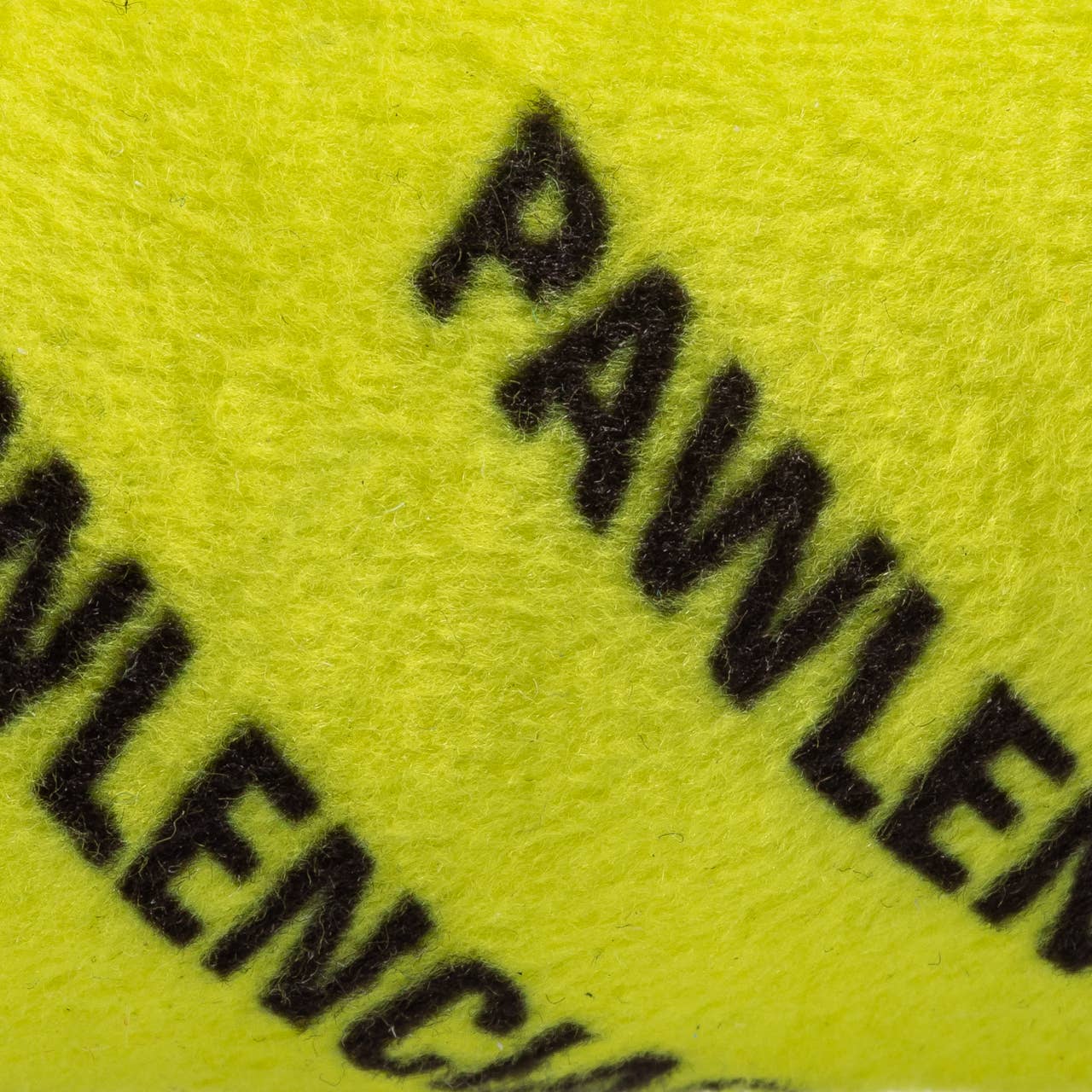 Bright yellow plush dog bone toy with black repeating “Pawlenciaga” text pattern. Soft squeaky designer-style chew toy for pets.