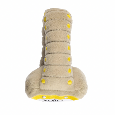Plush dog toy shaped like a luxury wristwatch with a beige strap, yellow accents, and embroidered watch face details. Soft squeaky designer-style chew toy for pets.