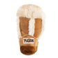 Plush dog toy shaped like a cozy winter boot with faux fur lining and an embroidered pug badge—cute chew toy for dogs.