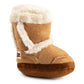 Plush dog toy shaped like a cozy winter boot with faux fur lining and an embroidered pug badge—cute chew toy for dogs.