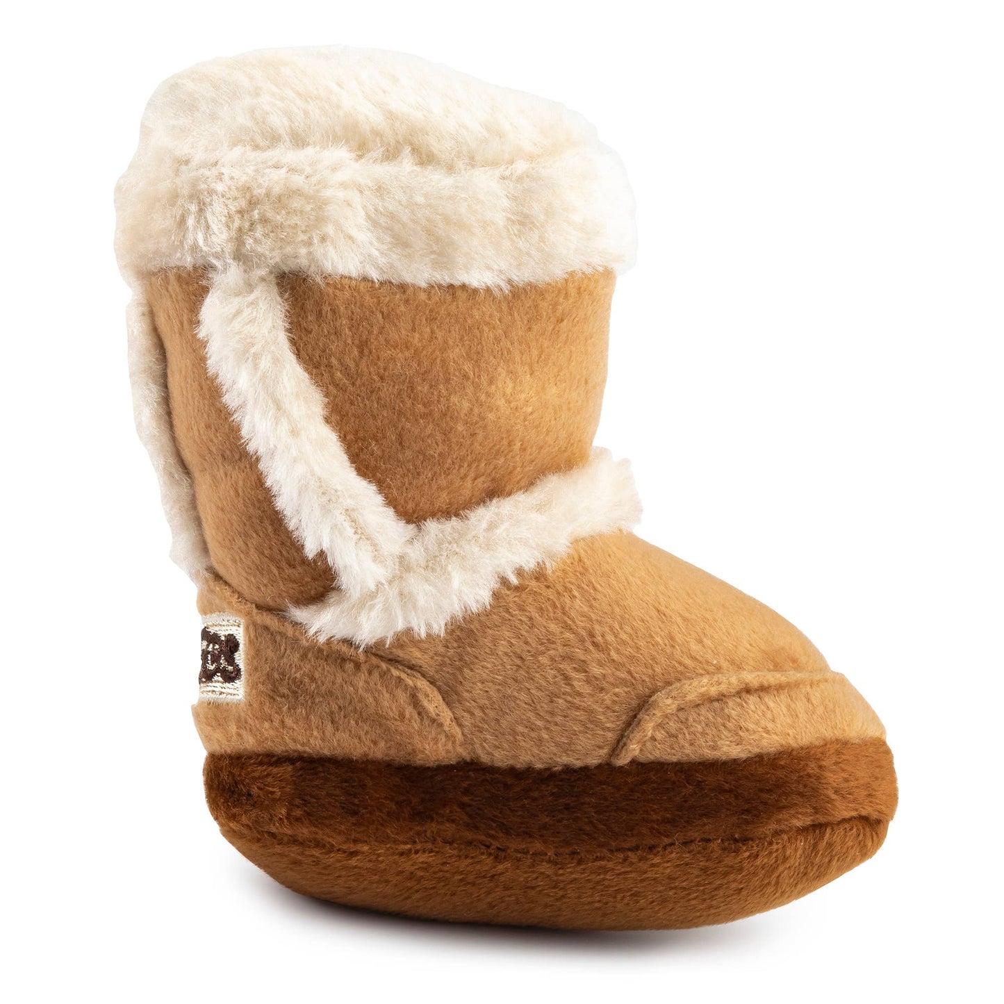 Plush dog toy shaped like a cozy winter boot with faux fur lining and an embroidered pug badge—cute chew toy for dogs.